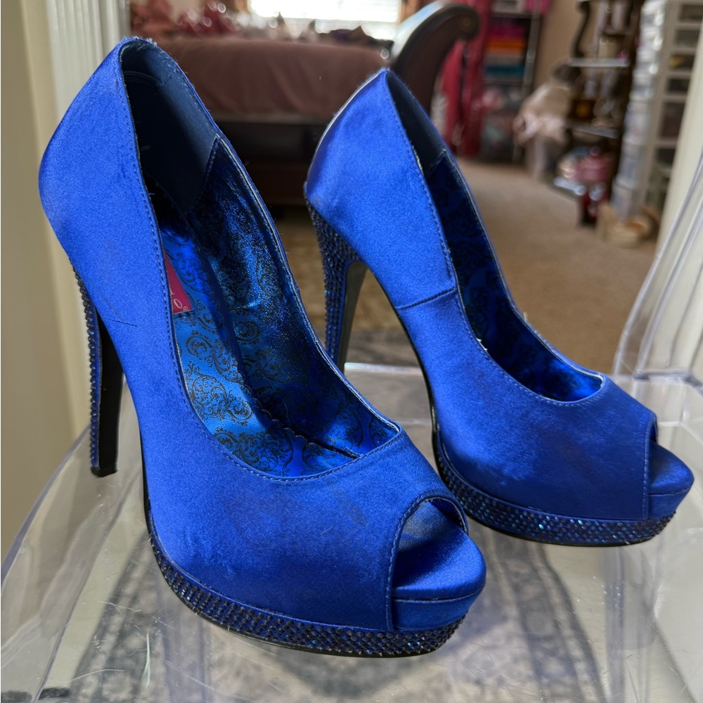 Pleaser Royal Blue Rhinestone Heels so Comfy and Sturdy to Stand and dance in - Picture 6 of 10